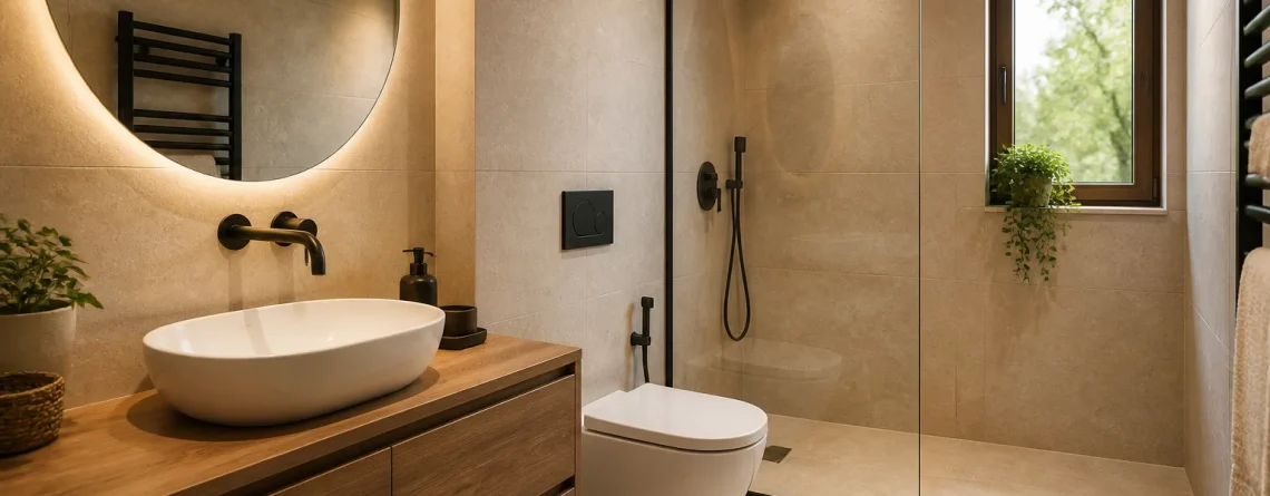 Завършена баня по дизайнерски проект — светли плочки, кръгло огледало и душ на ниво под, реализация на DBF Group в Пловдив